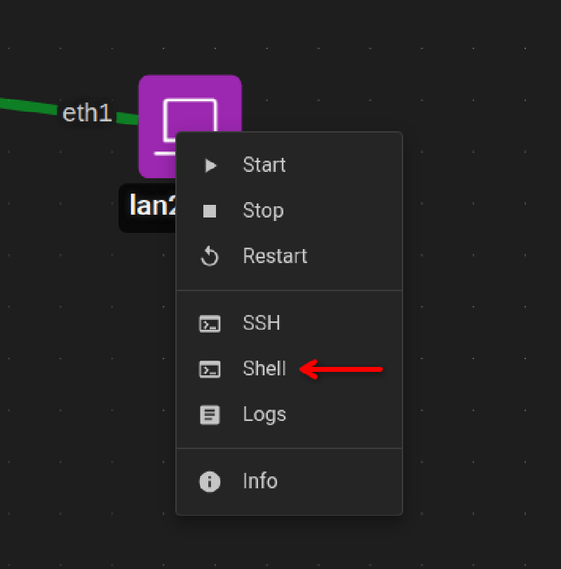 A view of the menu with an arrow indicating where the Shell option is.