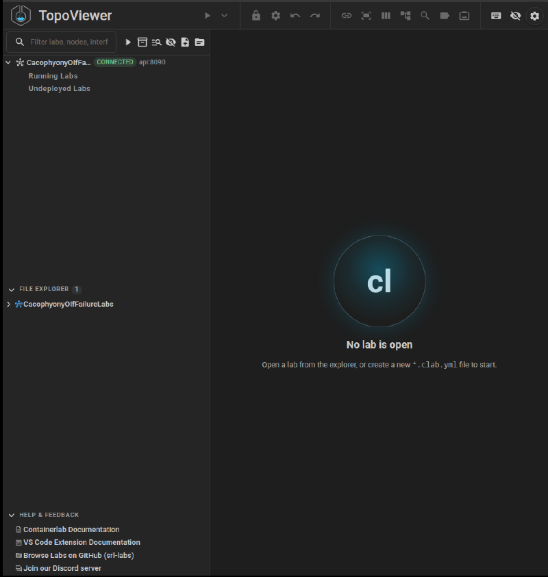 A topoviewer landing page with no running labs.