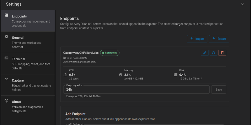 Settings page showing a connected endpoint with load statistics and other information