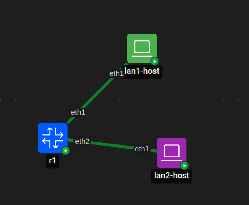 A view of the network topology with one green client, one purple client, and one blue router node.